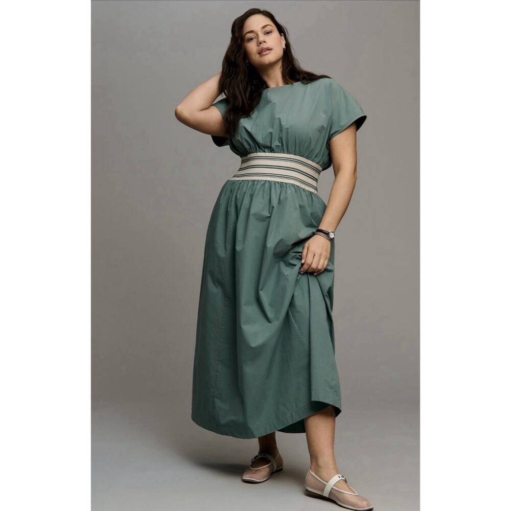 Anthropologie Midi Dress Green A Line Short Sleeve Preppy Retro Boho Small NWT